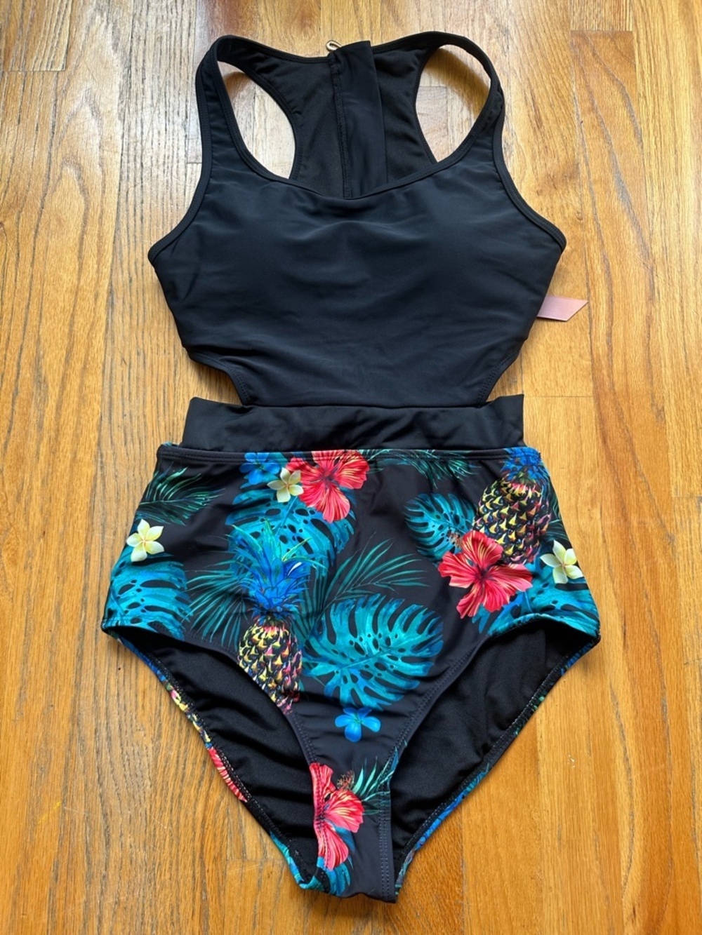 Black Tank One-Piece Swimsuit with Tropical-Print High-Waist Bottom - Picture 3 of 7